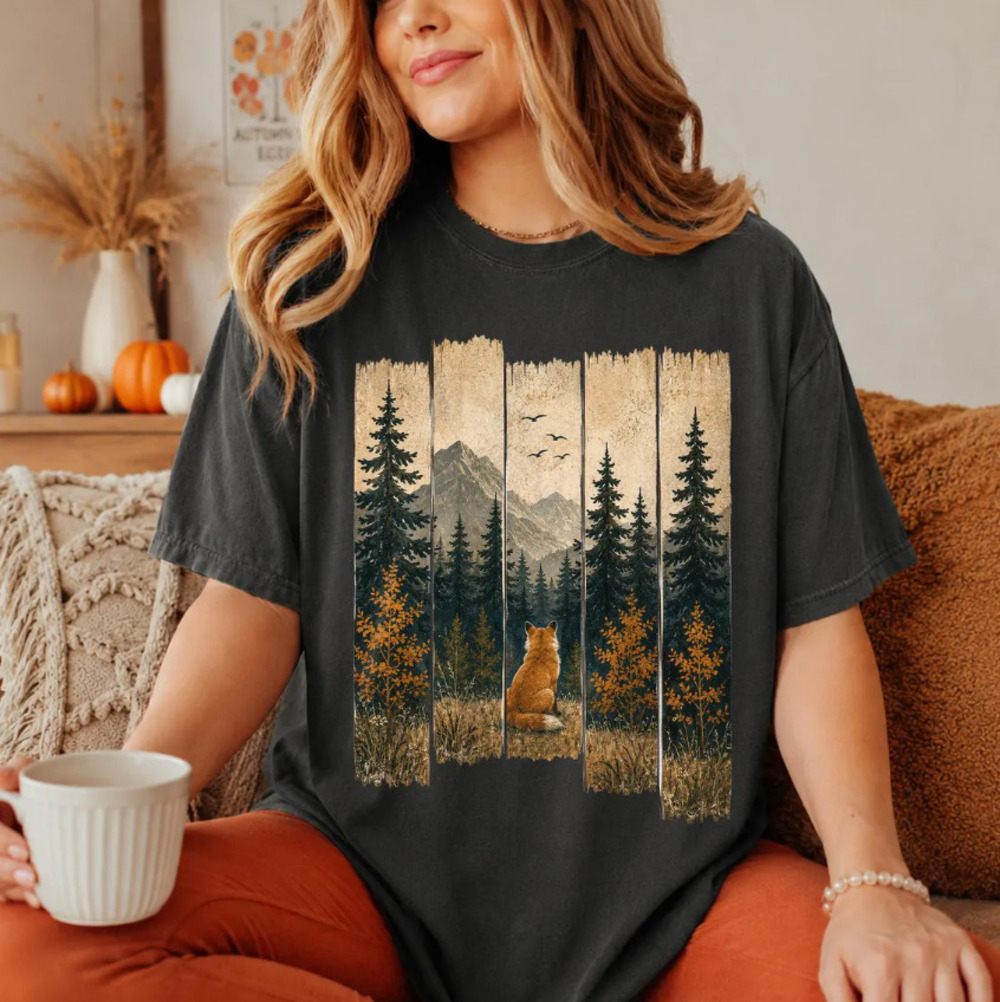 Comfort Colors Fox Mountain Autumn T-Shirt, Rustic Forest Wildlife Nature Lover